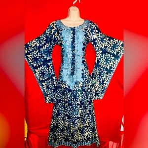 70s Vintage Maxi Dress Handmade South African Unique Sleeves Blue Small S